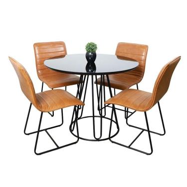 Imagem de Conjunto Sala De Jantar Rubi Preto Com 4 Cadeiras Cristal Couro Caramelo Base Preto