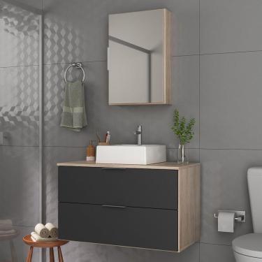 Imagem de Conjunto Gabinete Banheiro Rubi 80cm - Gabinete + Cuba + Espelheira Madeirado Preto