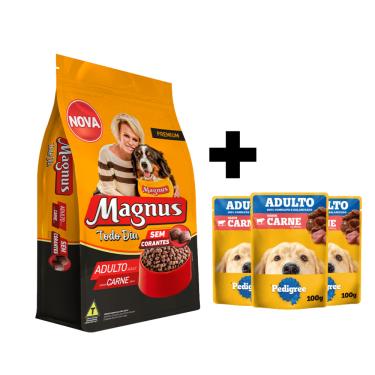 Imagem de Kit 1 unidade Ração Todo Dia para Cães Adultos Magnus 15kg + 3 unidades Ração Úmida Pedigree Sachê Carne ao Molho para Cães Adultos 100g