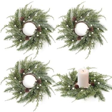 Imagem de 4 peças de anéis de vela de guirlanda de Natal, mini guirlanda de pinheiro, cedro fosco artificial e pinheiro, suporte de vela para Natal, casamento, casa, mesa, mesa, porta, janela, cadeira de parede