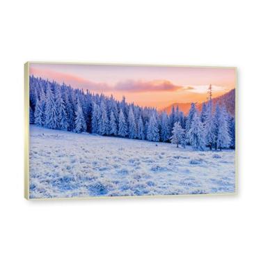 Imagem de Moldura de champanhe. Arte de parede em tela de paisagem de inverno, (amanhecer rosa sobre floresta fosca), cena natural emoldurada para sala de estar, quarto, cena de inverno tranquila pronta para