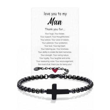 Imagem de FLHEART Presente para homens pulseiras de corrente cruzada para homens e mulheres, pulseira masculina preta de aço inoxidável, fé religiosa Páscoa católica cristã Deus Jesus comunhão batismo joias
