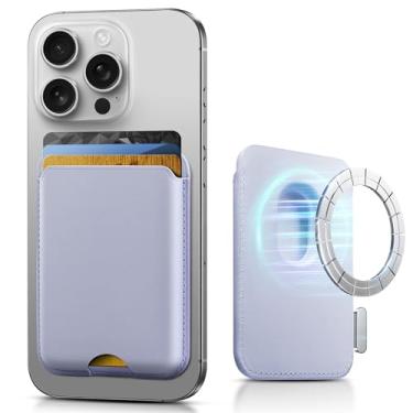 Imagem de SOUNDBYTE Carteira magnética mais forte para iPhone 16/15/14/13/12 e para capas MagSafe | Suporte magnético de couro com bloqueio de RFID N52 com ímãs poderosos | Comporta 3 cartões | Roxo claro