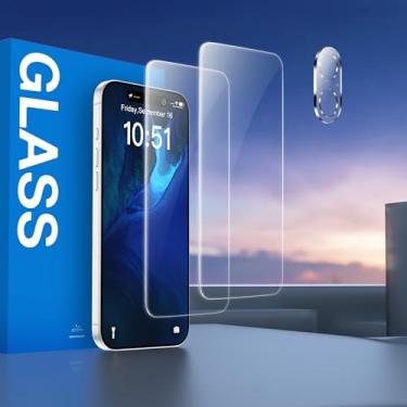 Imagem de [Pacote com 2+1] Pacote com 2 protetores de tela + 1 pacote com protetor de lente de câmera para iPhone 17, cobertura total, dureza 9H, vidro temperado, transparente HD, resistente a arranhões