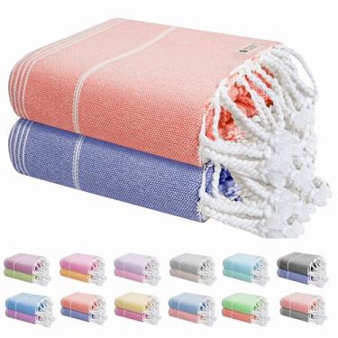 Imagem de HEIRLOOM COMFORT Pacote com 2 toalhas de praia turcas, grandes 102 x 180 cm, leves, sem areia, secagem rápida, absorvente, spa, piscina, toalhas de viagem, 100% algodão - laranja, azul índigo