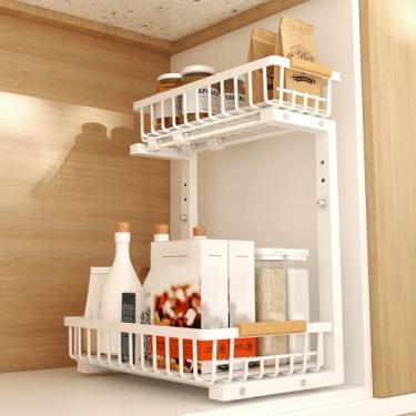 Imagem de Organizador sob a pia, organizadores e armazenamento sob a pia, prateleira organizadora de 2 níveis, estrutura de metal, suporte ajustável em altura para despensa de banheiro e cozinha