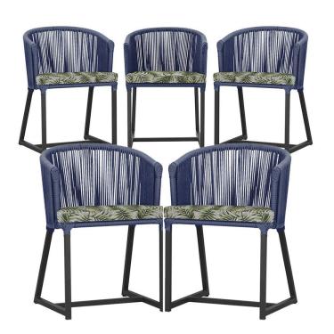 Imagem de 5 Cadeiras De Jantar Noronha Preta Corda Náutica E5 Trama Azul