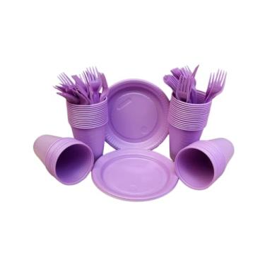 Imagem de Kit Descartável Econômico 150 Itens - Conjunto para Festas com Pratos, Copos e Garfos para Aniversário e Eventos(Lilás 150 itens)