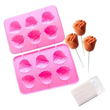 Imagem de Moldes de pirulito rosa rosa 3D rosa silicone doce chocolate dia das mães geleia sabão duro doces molde de pirulito para aromaterapia resina argila artesanato decorações de bolo
