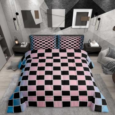 Imagem de Erosebridal Jogo de cama geométrico, xadrez, azul, rosa, ombré, para crianças, meninas, adolescentes, adolescentes, edredom xadrez, preto, degradê, quadriculado, edredom