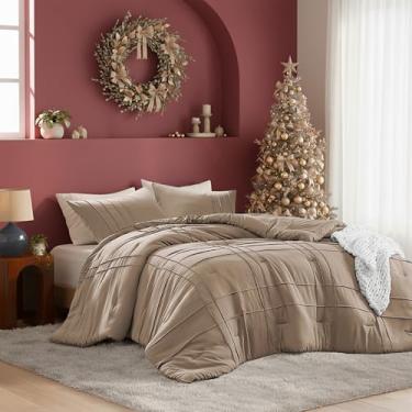 Imagem de Conjunto de edredom King com pregas de beliscar – jogo de cama de 3 peças com padrão quadriculado – microfibra pré-lavada, leve e fofo, tamanho king, cáqui, aquecimento para todas as estações – Inclui