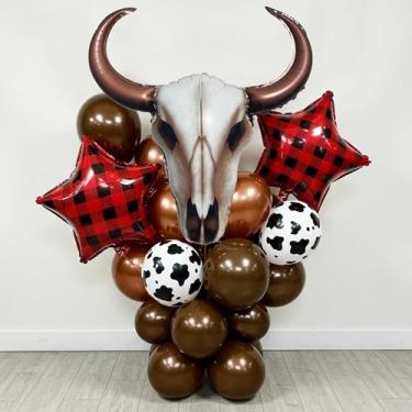 Imagem de TiAaihion Kit autêntico de balões de caveira de vaca para decorações de festa de rodeio ocidental – com marrom cobre metálico, estrelas xadrez de búfalo e látex com estampa de vaca para bar ou eventos