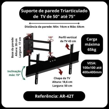 Imagem de Suporte TV 50 a 75 TriArticulado Braço Longo 64cm Super Reforçado 65kg
