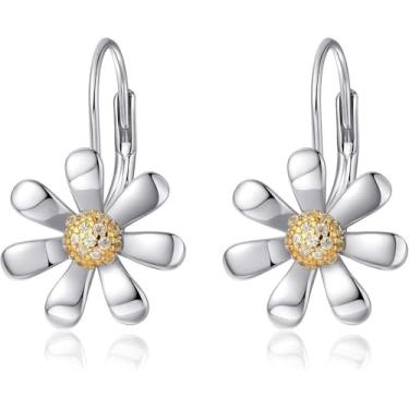 Imagem de Brincos modernos com pingente de crisântemo, gancho de orelha de mola com núcleo de flor de zircão de baixa alergia - joias requintadas adequadas para uso diário, Medium, Cobre, Sem pedra preciosa
