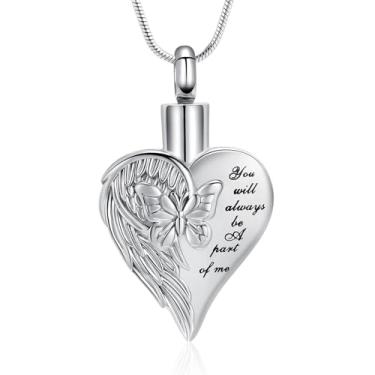 Imagem de mingkejw Joias de cremação para cinzas, colar de urna de coração de aço inoxidável para cinzas com medalhão de borboleta, lembranças, suporte de cinzas memoriais para animais de estimação humanos, Aço