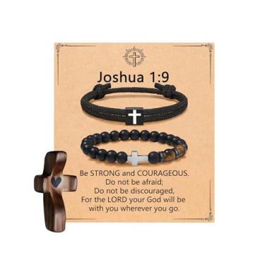 Imagem de MOZAKA 2 pulseiras de cruz para homens, 1 peça cruz de madeira My Heart - Presentes religiosos cristãos ajustáveis com contas masculinas joias para aniversário, Natal, Páscoa, batismo, meias, Large