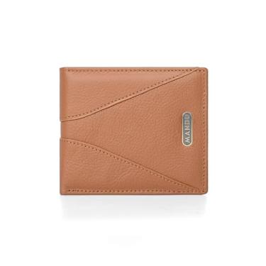 Imagem de Carteira masculina de couro bovino retrô curta, com bloqueio de RFID, 1 bolso para moedas, 5 compartimentos para cartão e 1 janela para identidade, Marrom, 12cm x 9.5cm, Clássico