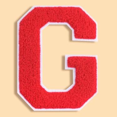 Imagem de QianSiLi Adesivos de letras universitárias de chenille vermelho de 11 cm, letras grandes de ferro para jaquetas Letterman, moletons com capuz, mochilas, coletes, roupas, adesivos individuais da letra