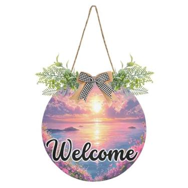 Imagem de SEHANY Placa de boas-vindas de flores e mar, decoração de porta da frente, guirlanda de boas-vindas redonda para decoração de casa de fazenda, varanda e pátio, 30 x 30 cm