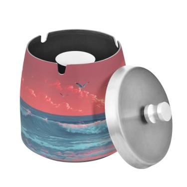 Imagem de Blueangle Cinzeiro de ondas de praia com tampa para cigarros, à prova de vento/chuva, aço inoxidável, sem fumaça, inodoro, cinzeiro para uso interno ou externo (431)