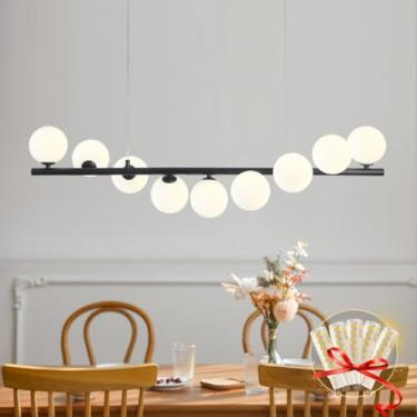 Imagem de Lustre de globo de vidro moderno, lustre linear de 9 luzes de meados do século Sputnik luminária pendente contemporânea ajustável para cozinha ilha mesa de jantar quarto iluminação pendente (preto)