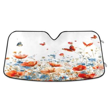 Imagem de ATTX Para-brisa de carro de flores silvestres e borboletas 134.6 cm x 59.7 cm Protetor solar universal com proteção UV, persiana de janela frontal automática dobrável para sedãs SUVs caminhões #386