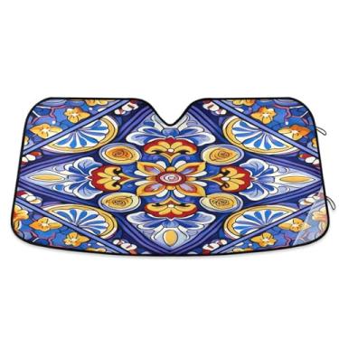 Imagem de ATTX Para-brisa de carro com azulejo de cerâmica mexicana 144.8 cm x 80.0 cm escudo solar universal com proteção UV, persiana de janela frontal automática dobrável para caminhões Sedans SUVs #696