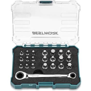 Imagem de Bestwork Conjunto de 22 peças de chave de fenda de catraca, 72 dentes, 12 mm e 8 mm, chave catraca com pontas de inserção de perfil baixo (Hex e Torx) para espaço apertado