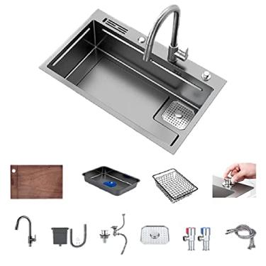 Imagem de HGTRH Lava-louças cozinha 1 seio cinzento com torneira, lava-louças debaixo bancada preta para móveis de cozinha, lava-louça inoxidável 1 seio com tábua de cortar e cesta seca, poupança de espaço