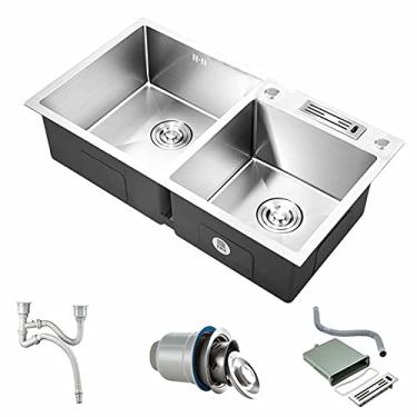 Imagem de HGTRH Lava-louça INOX com escorredor, lava-louça de cozinha com torneira embutida, incluindo o conjunto de desbastadora e drenagem com cesto ajustável para lavatório, dispensador de sabão e sifão