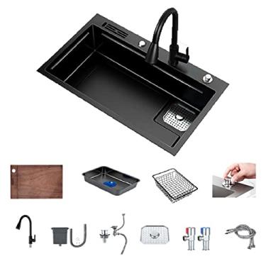 Imagem de HGTRH Lava-louças cozinha 1 seio sobre bancada, lava-louça preto 1 seio e escorredor, lava-louças debaixo bancada preto INOX, lava-louças sob bancada INOX brilho com pulverizador dobrável