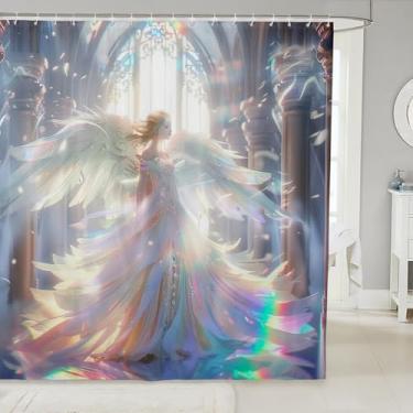 Imagem de Erosebridal Cortina de chuveiro de anjo para meninas 183 cm L x 182 C, conjuntos de cortina de chuveiro de banheiro com asas de anjo, cortina de chuveiro de tecido palácio, cortinas de banheiro