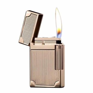 Imagem de KELEISI Isqueiro de butano clássico requintadamente esculpido vintage isqueiro deslizante lateral, recarregável para homens, pai, marido, colecionável exclusivo (combustível não incluído), ouro e