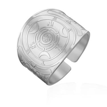 Imagem de VASSAGO Anel de roda de Hecate de aço inoxidável Strophalos Tripla Lua Deusa Anel ajustável banda aberta Pagan Wicca Amuleto Joia para mulheres e homens, Aço inoxidável, Sem pedra preciosa