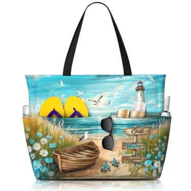 Imagem de TREKTOTS Bolsa de praia feminina, grande, impermeável, à prova de areia, com zíper, bolsa de natação leve e dobrável para praia, piscina, academia, Relaxe. Ondas. Repita., One Size