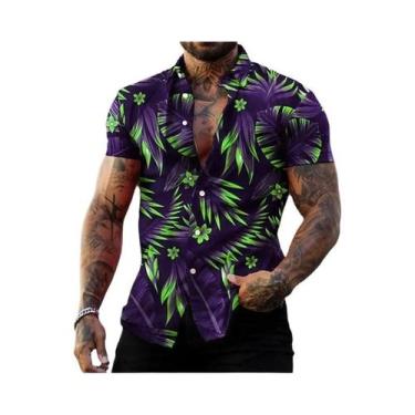 Imagem de Camisa Masculina Estilo Havaiano Com Estampa De Flores Pretas E Dourad