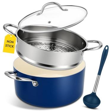 Imagem de AOSION Panela antiaderente de 6 litros com tampa, panela de sopa de cerâmica com vaporizador e concha, panelas de indução compatíveis com todos os cooktops, perfeitas para ensopados, sopas e vapor