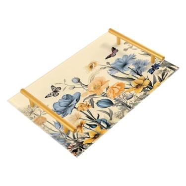 Imagem de Wassud Bandeja de banheiro floral e borboletas com alças, organizador de perfume de joias de acrílico para banheiro, quarto, cozinha, balcão de 30 x 20 cm