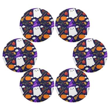 Imagem de Wassud Jogo americano conjunto de 6 abóboras com chapéu de bruxa tapetes de mesa redondos para cozinha e jantar tapetes laváveis resistentes ao calor decoração de mesa 39 cm