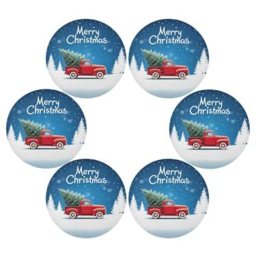 Imagem de Wassud Jogo americano conjunto de 6 tapetes redondos de caminhão de Natal com neve para cozinha e jantar tapetes laváveis resistentes ao calor para decoração de mesa 39 cm