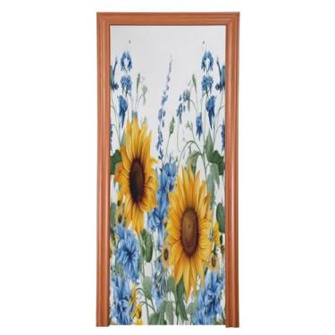 Imagem de Wassud Capa para porta, girassóis e bluebells grandes 96 x 98 polegadas (3) decoração, faixa elástica para porta interna externa para porta da frente da varanda