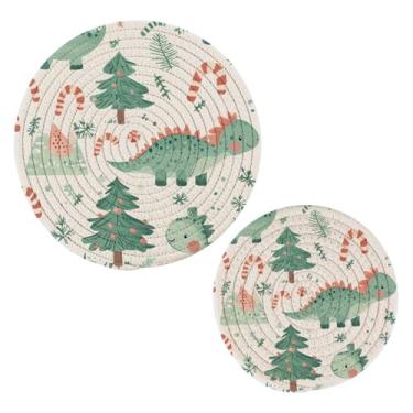 Imagem de Wassud Conjunto engraçado de dinossauros para pratos quentes, suportes de panela redondos, almofadas quentes de algodão, porta-copos elegantes, decoração de cozinha e acessórios, 2 peças