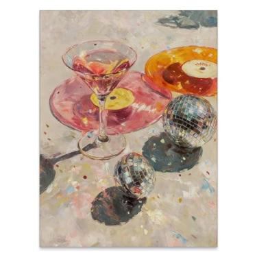 Imagem de YYS Arte de parede em tela de bola de discoteca moderna Martini Pôster de disco de vinil vintage moda rosa claro Música Preppy impressões estéticas para dormitório feminino cozinha bar carrinho