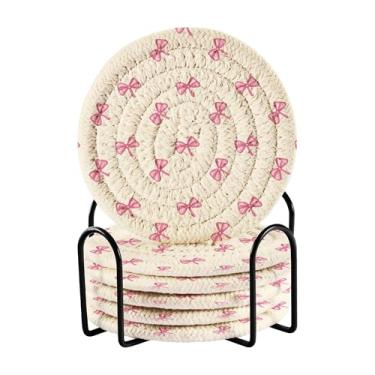 Imagem de SEHANY Conjunto de 6 porta-copos com laço rosa fofo com suporte, porta-copos redondos absorventes de algodão resistente ao calor para mesa de jantar, canecas de café, 10 cm