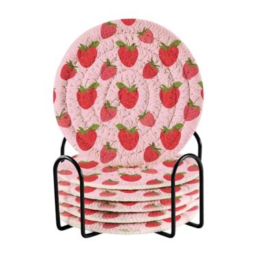 Imagem de SEHANY Conjunto de 6 porta-copos fofos de morango com suporte, porta-copos redondos absorventes de algodão resistente ao calor para mesa de jantar, canecas de café, proteção de copos, 10 cm