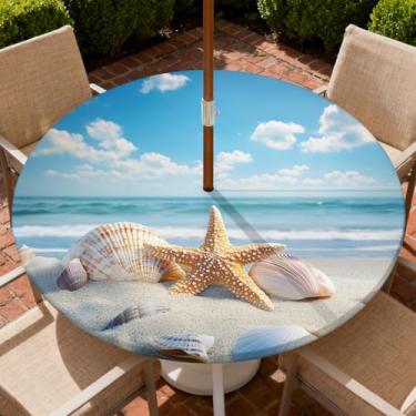 Imagem de COTAIL Toalha de mesa redonda para uso ao ar livre com zíper e orifício para guarda-chuva, toalha de mesa elástica à prova d'água a óleo para pátio, piquenique, acampamento, jardim, serve para mesa