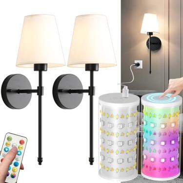 Imagem de HIFCTRN Conjunto de duas arandelas de parede sem fio, recarregáveis, com lâmpada regulável de 10.000 mAh e controle remoto, luzes de parede de 10 cores para quarto, sala de estar, corredor, decoração