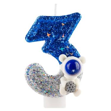 Imagem de Vela de aniversário com glitter astronauta espacial número 3 velas azul prata topo de bolo decorações de feliz aniversário para meninas meninos artigos de festa de aniversário