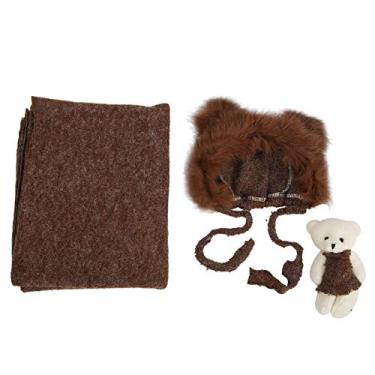 Imagem de aqxreight 3 Peças Adereços para Fotografia de bebê Chapéu Cobertor Envoltório Conjunto de Brinquedos Fantasia Roupas para Recém-nascidos café Chapéu de Três Peças Colocado e Brinquedo e tricô de
