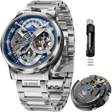 Imagem de OLEVS Relógios masculinos esqueleto automático mecânico automático relógio de luxo relógio masculino de aço inoxidável à prova d'água luminoso Wirstwatch presente para homens, 3278 - azul prateado